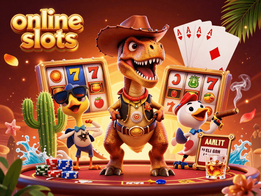 Experience thrilling online slots fun with a T-Rex cowboy and casino action in this vibrant scene.