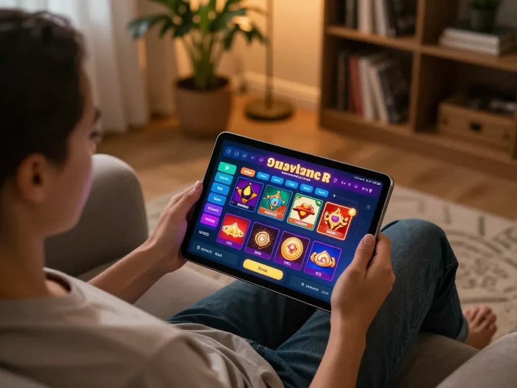 The player engages with rr99's vibrant casino app on a tablet in a cozy living room setting.