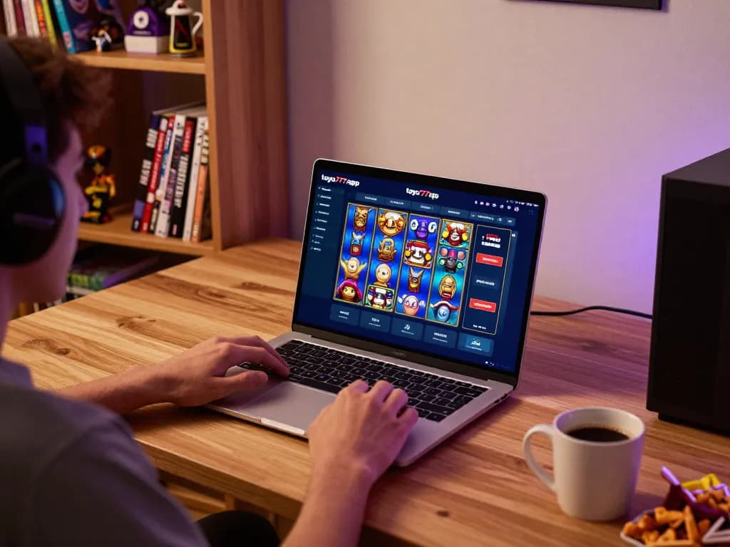 Engaging in online gaming with the taya777app on a cozy laptop setup, showcasing the entertaining atmosphere.