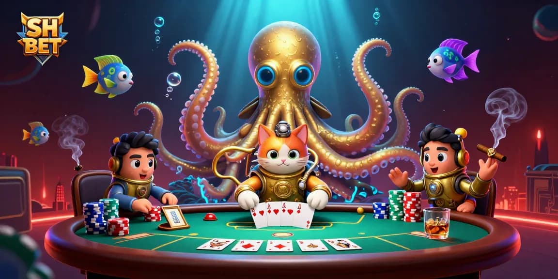 Join the thrilling action at SH BET with a vibrant casino scene featuring poker elements and whimsical characters.