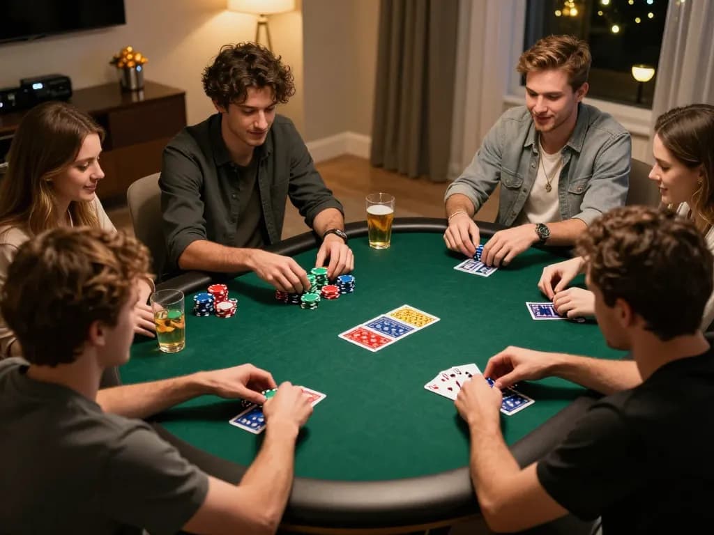 Malam poker Dewi123 bersama teman-teman terlibat dalam permainan berisiko tinggi, chip dan kartu berwarna-warni di meja.