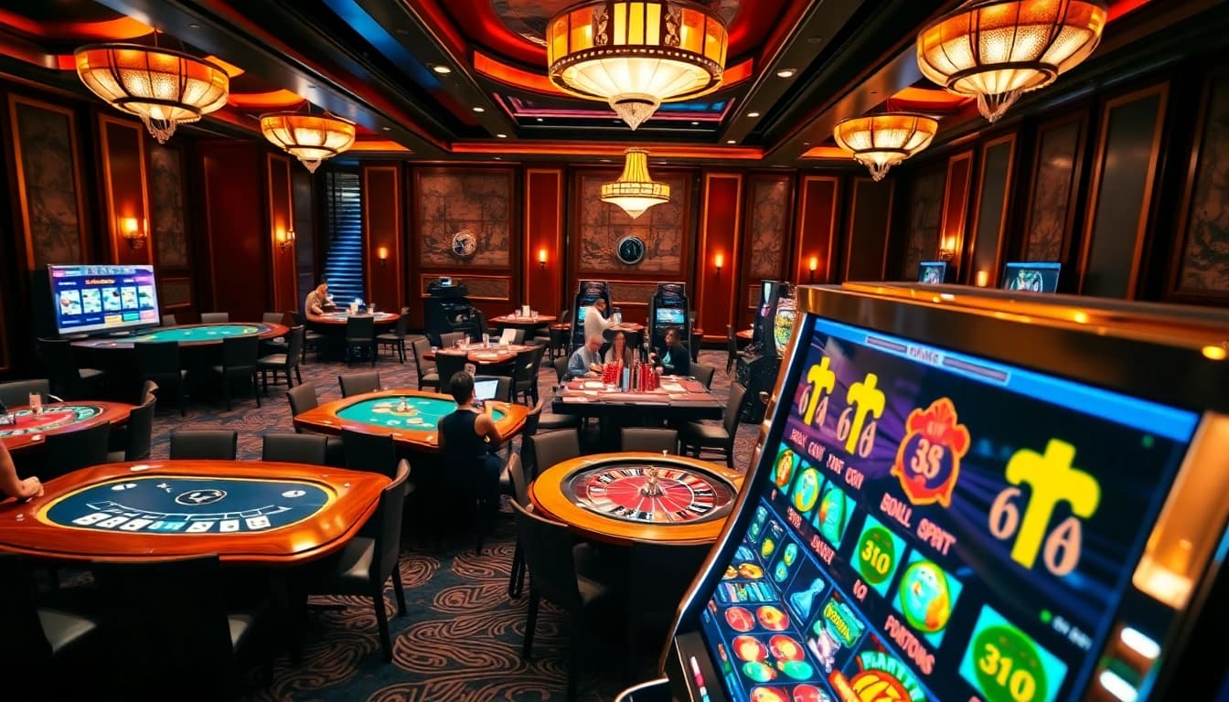 Spectators enjoy thrilling games at a situs judi slot table with vibrant colors and high-stakes atmosphere.