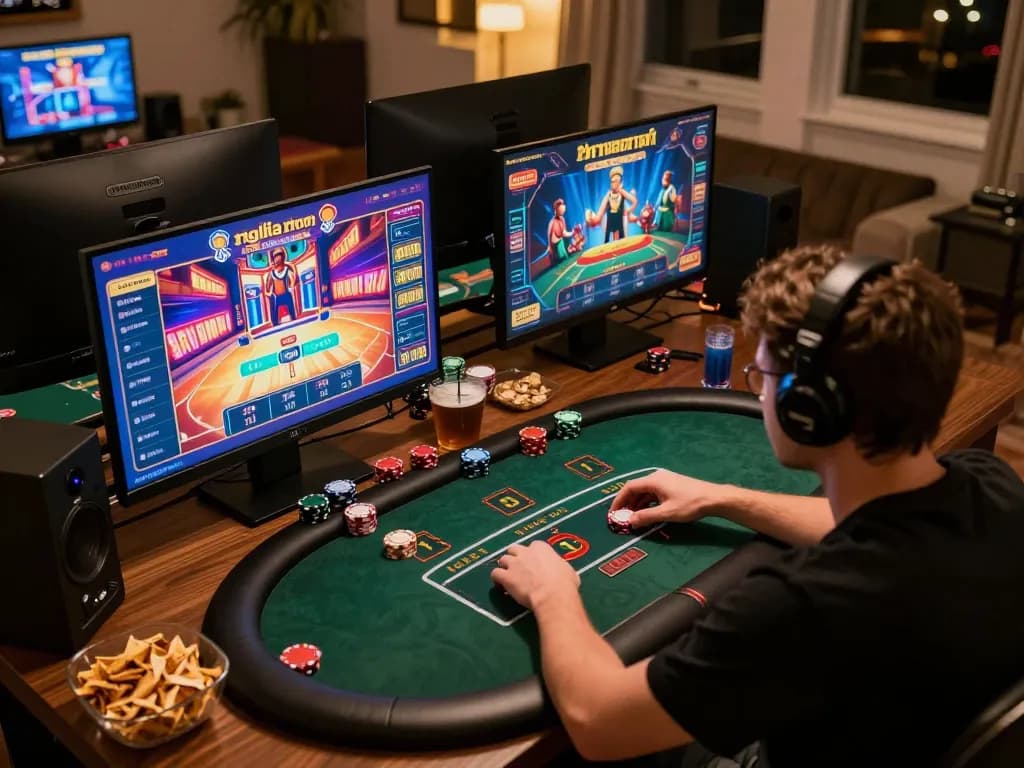 Engaged online gambler at home using multiple screens for gaming action at https://gemwin.pics, showcasing vibrant visuals and snacks.