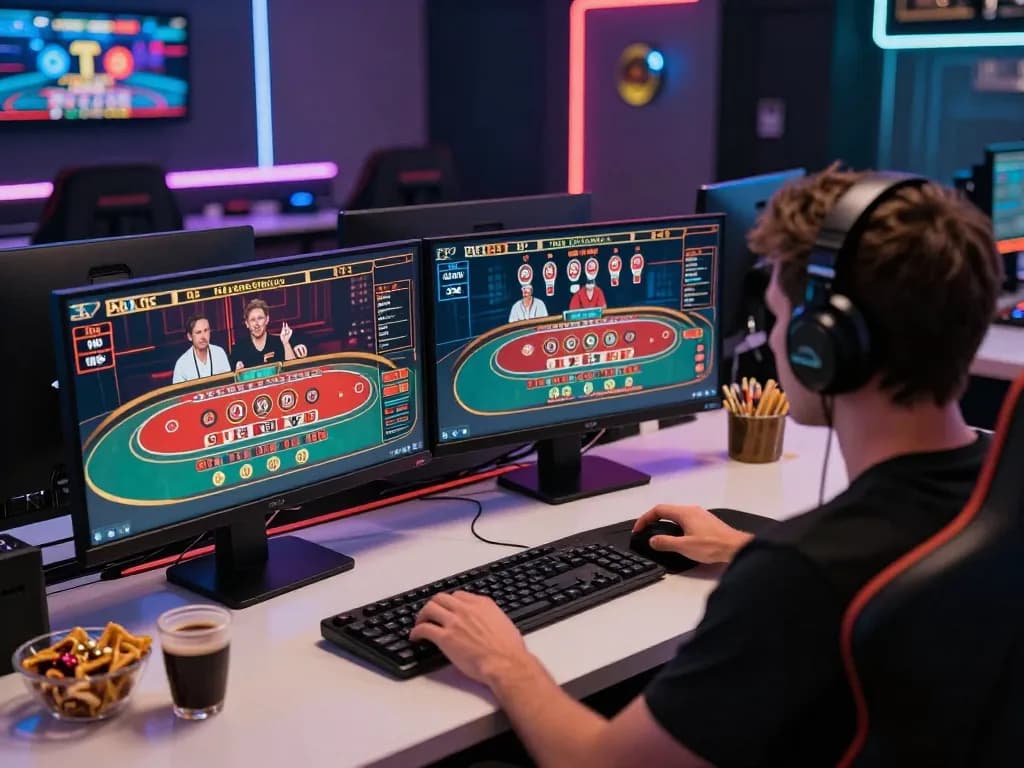 789F player analyzing strategies on multiple screens during an online casino session