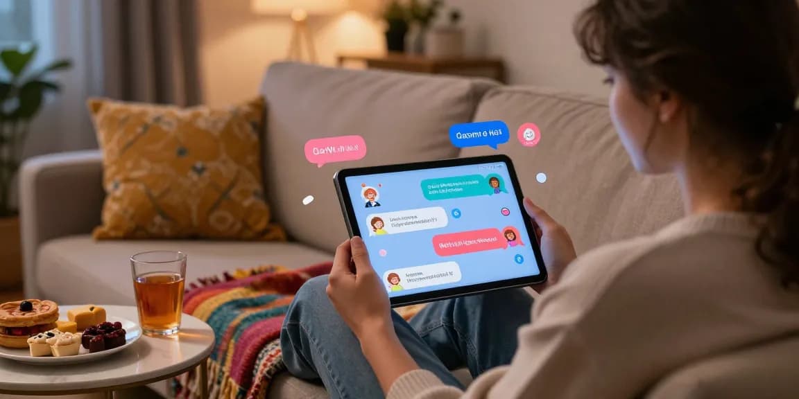 A cozy setting showcasing NSFW AI chat interactions on a tablet with engaging characters and playful messaging.