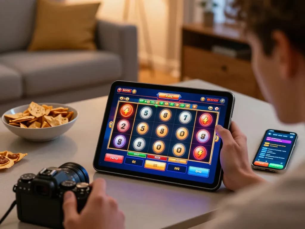 Bermain game slot online di tablet dalam suasana rumah yang nyaman, menunjukkan kegembiraan dari situs slot online