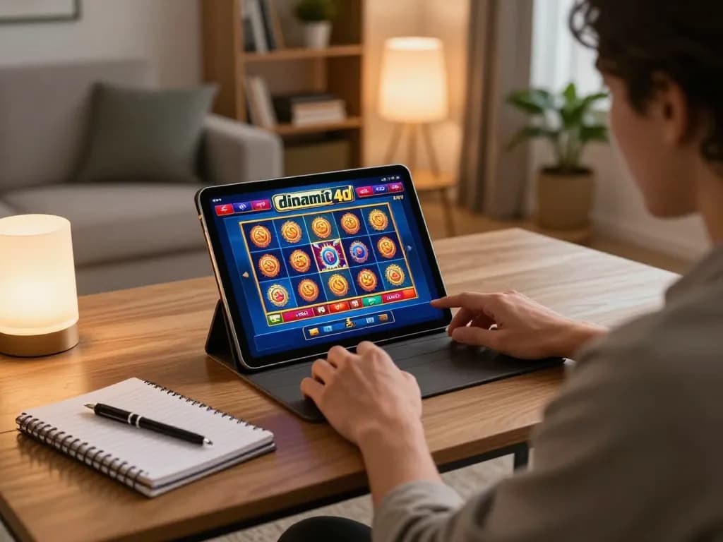 Engaged player using dinamit4d gaming app on tablet in cozy home, showcasing online gambling atmosphere