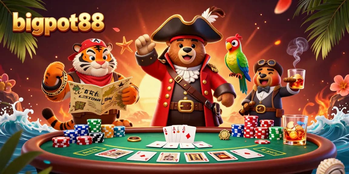 Join the adventure at bigpot88 with a pirate captain, tiger first mate, and poker elements!