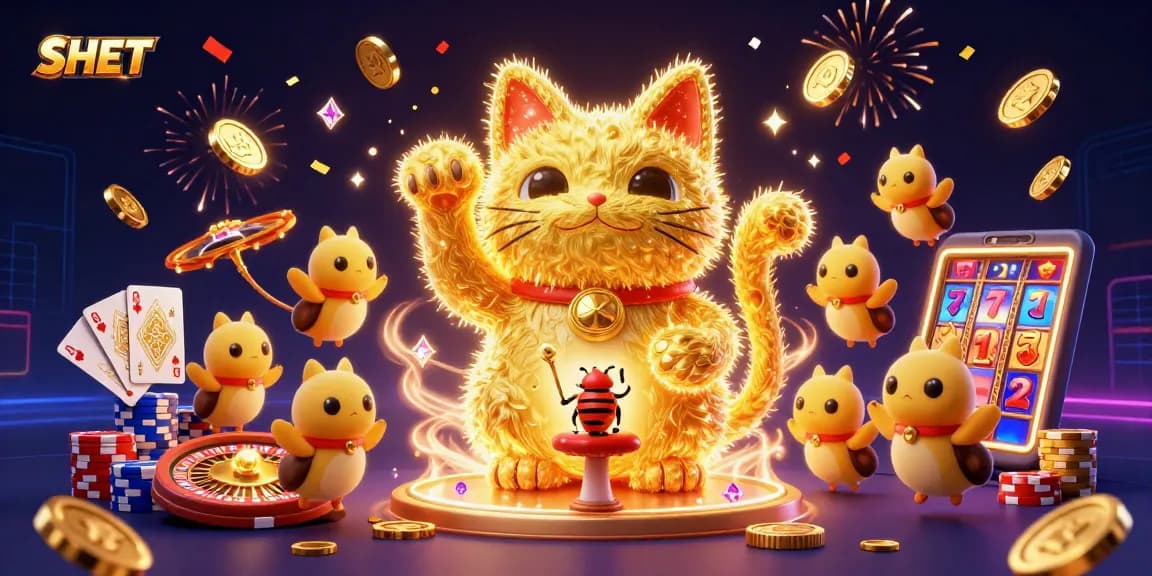 Experience the excitement at SH BET with vibrant gaming elements, including a lucky cat and dynamic casino symbols.