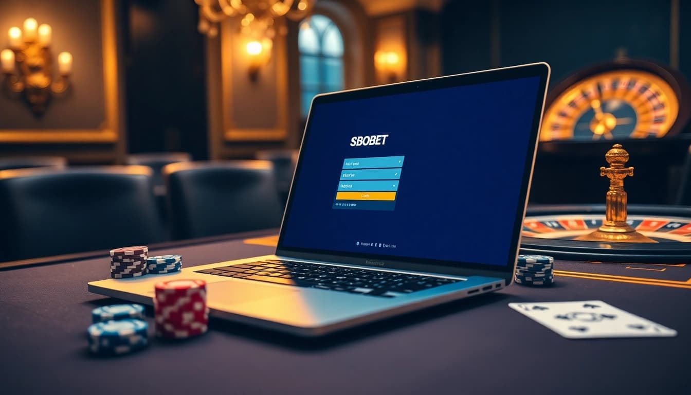 Sbobet login interface displayed on a laptop in a luxurious casino setting with poker chips and cards.