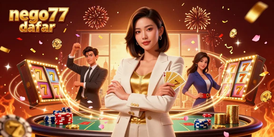 Experience seamless gaming access with nego77 daftar, featuring a powerful businesswoman amidst vibrant casino elements.