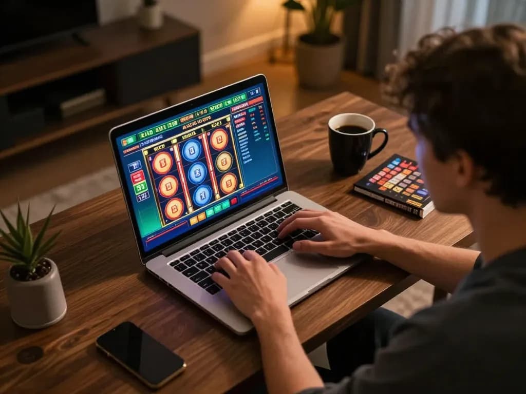 Engaged in sports betting on 123B trang chủ, a player studies live odds on a laptop in a cozy home setting.