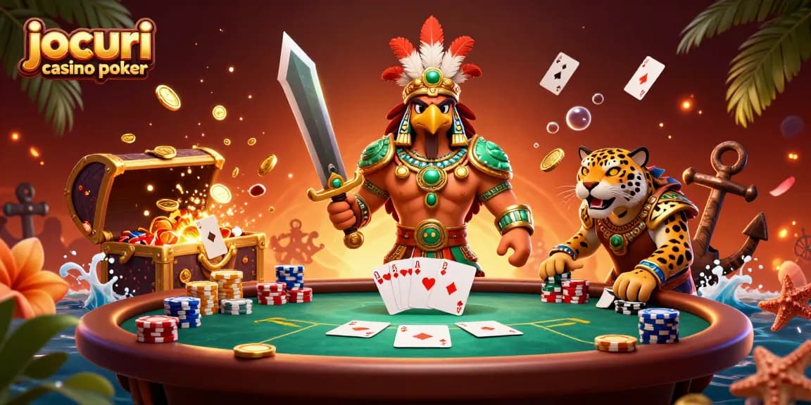 Joacă jocuri casino poker cu un războinic aztec la o masă de poker plină de jetoane și câteva cărți câștigătoare.