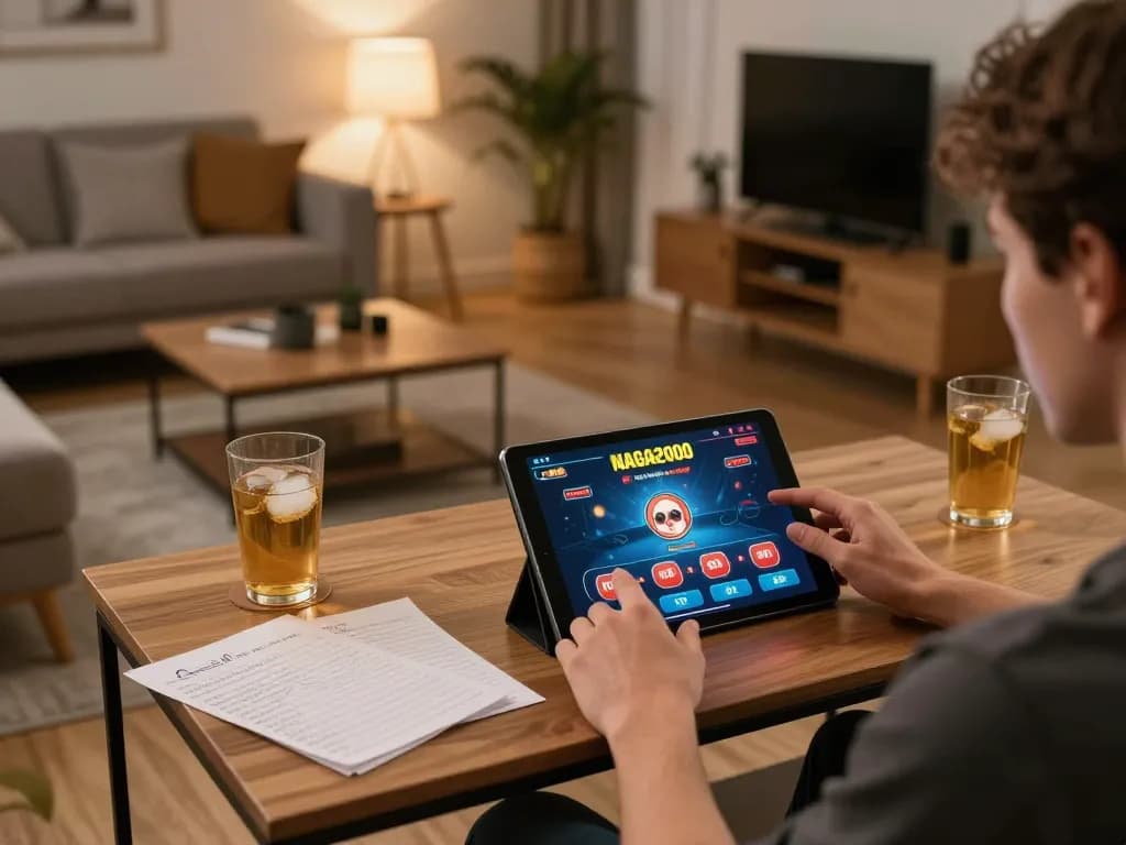 NAGA2000 player enjoying online gaming experience on a tablet in a cozy home setting.