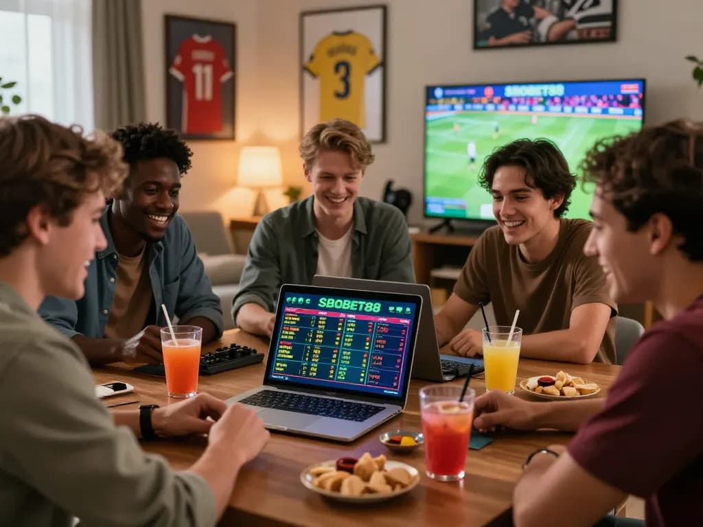 Friends enjoying SBOBET88 sports betting in a lively living room.