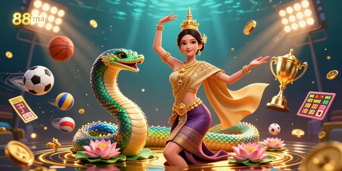 Experience thrilling gaming vibes with 88ma through this vibrant 3D illustration of a Thai dancer and Naga serpent.