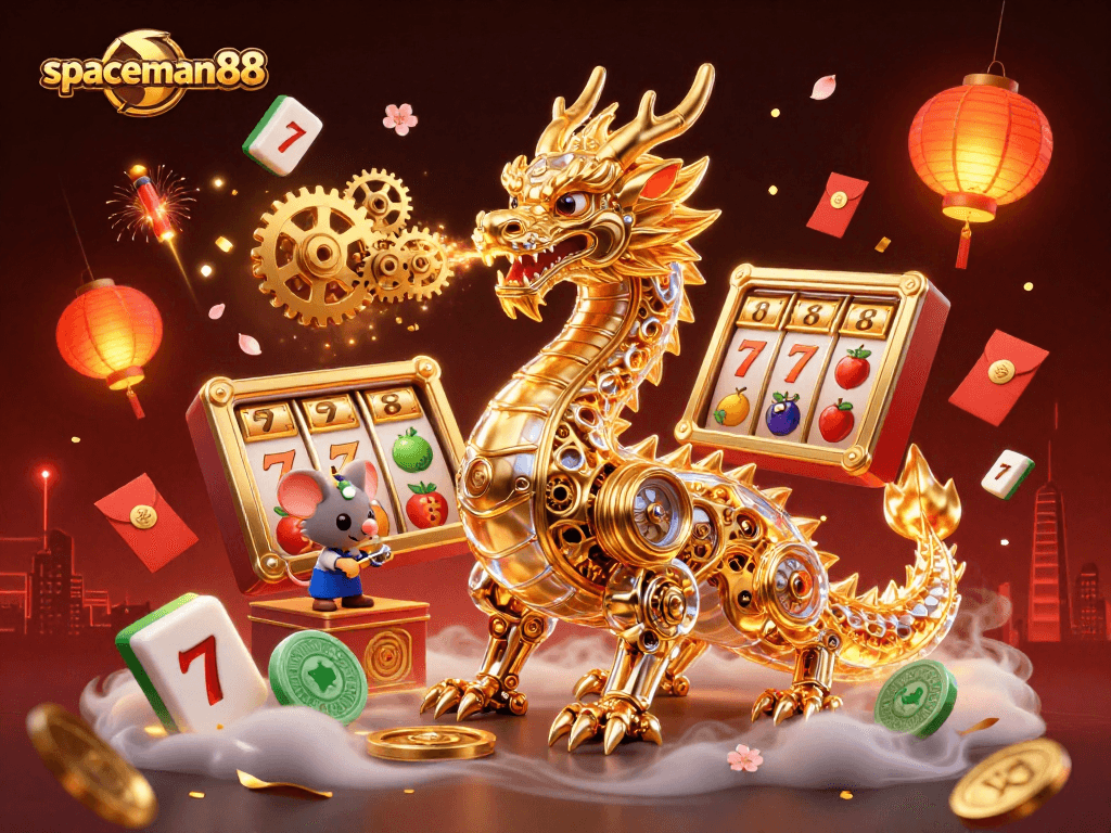 Experience epic wins at spaceman88 with stunning slot reels and a golden dragon in action.