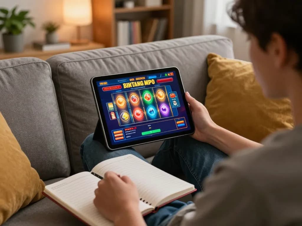 Pemain Bintangmpo berinteraksi dengan mesin slot online di tablet, lingkungan rumah yang nyaman.