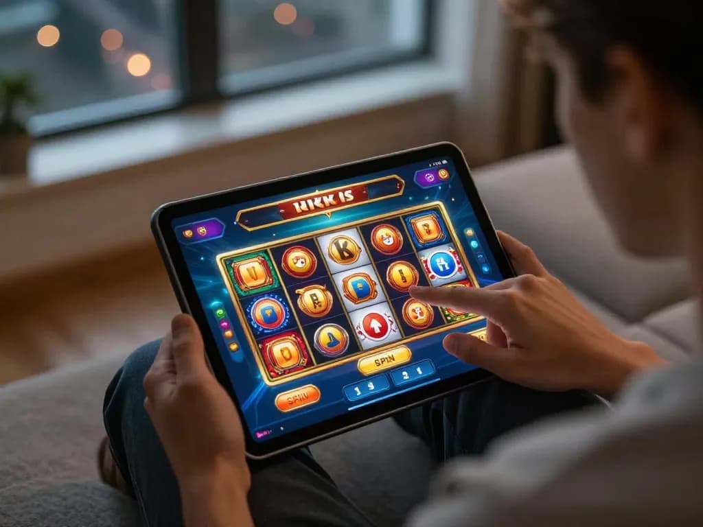 Player interacting with link slot games on a tablet in a cozy home setting, inviting atmosphere of online gambling.