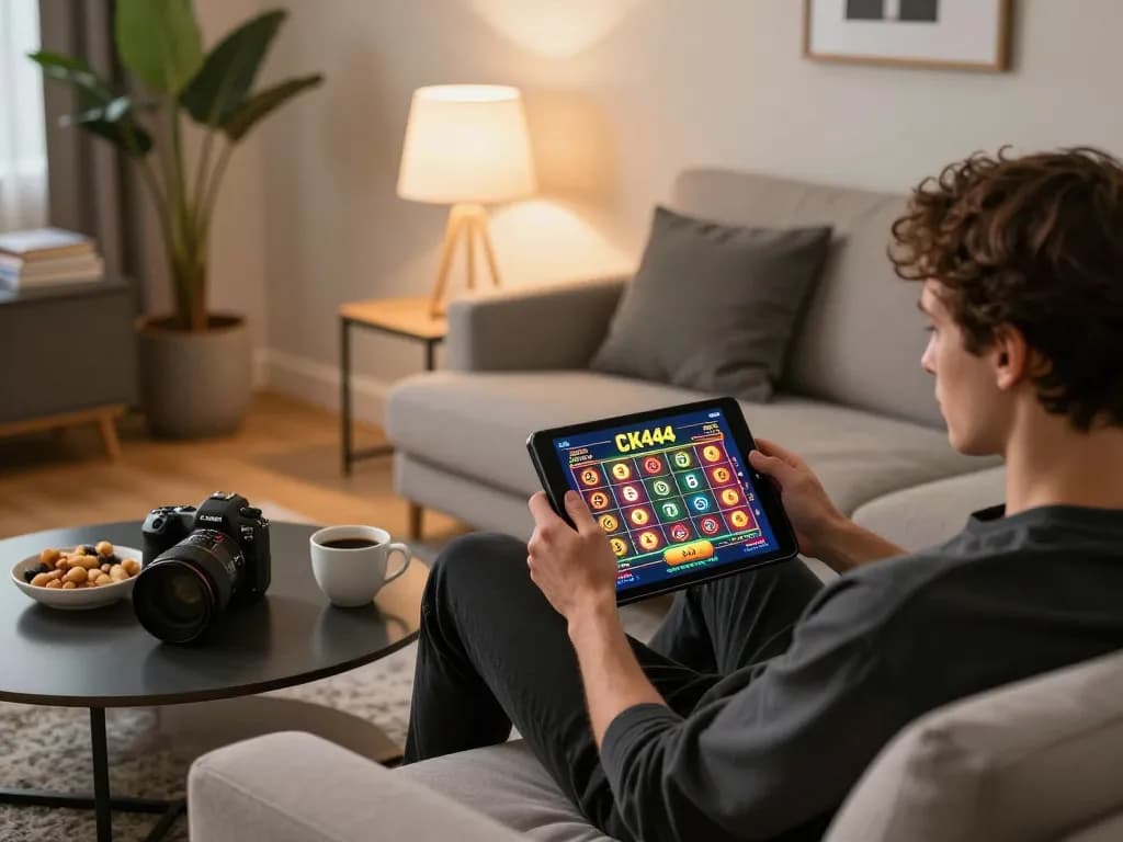 CK444 players engaging in online casino gaming from home, showcasing an interactive slots experience within a cozy setting