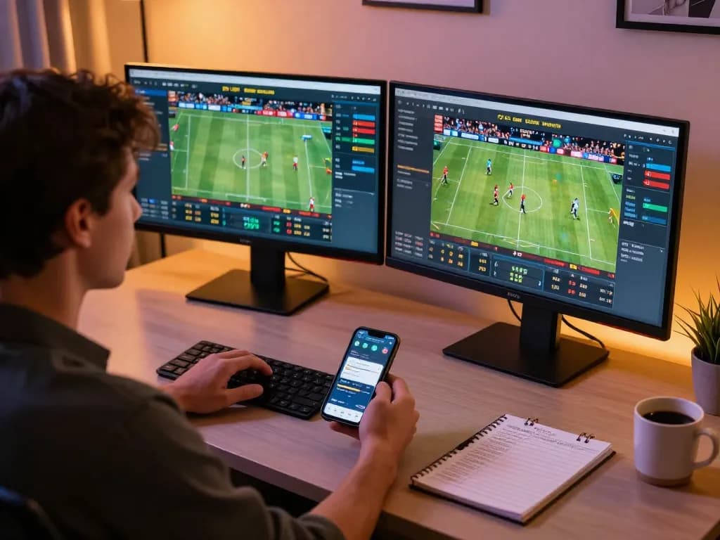 Person engaged in online sports betting, analyzing Ty le keo nha cai odds on dual monitors, with a notebook and smartphone in view