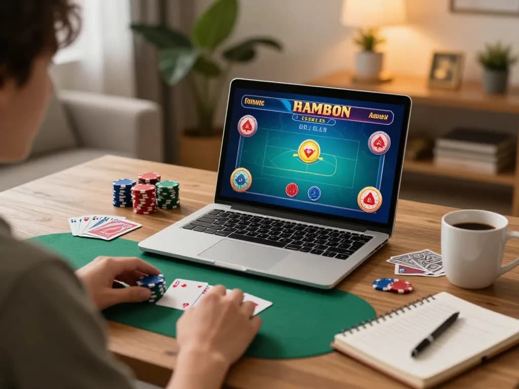 Player engaging in maxpoker88 online poker game from a cozy home workspace, showcasing strategic gameplay elements and a friendly atmosphere.