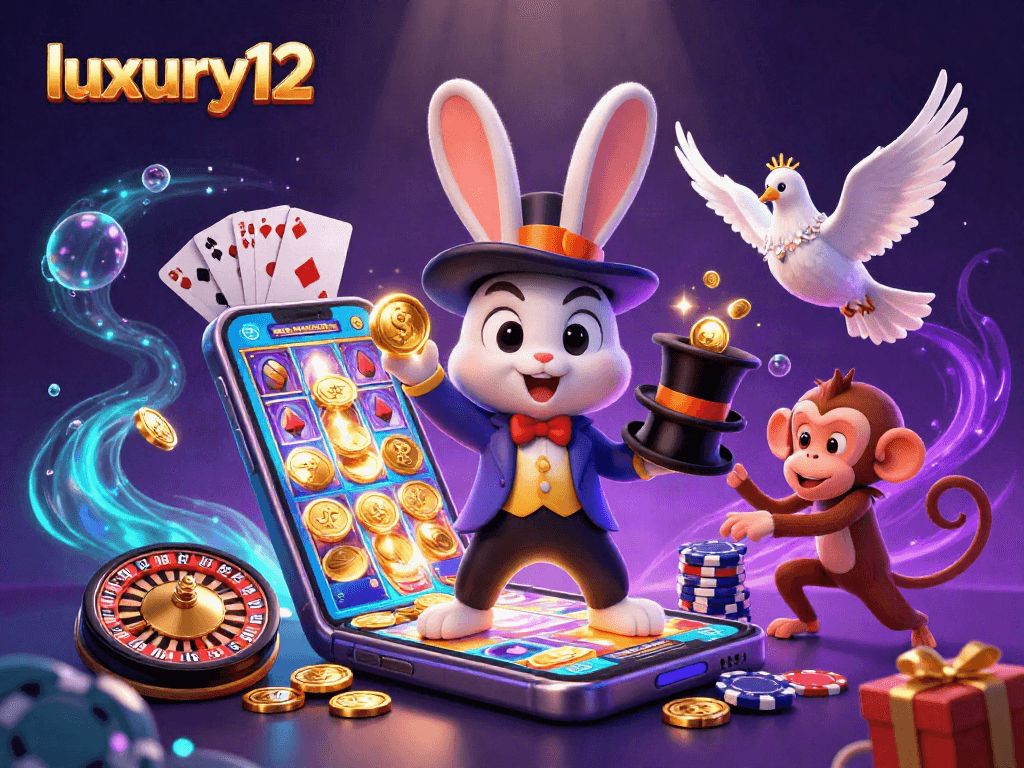 Luxury12 menarik perhatian dengan karakter magis dan chip poker berhamburan dalam permainan kasino.