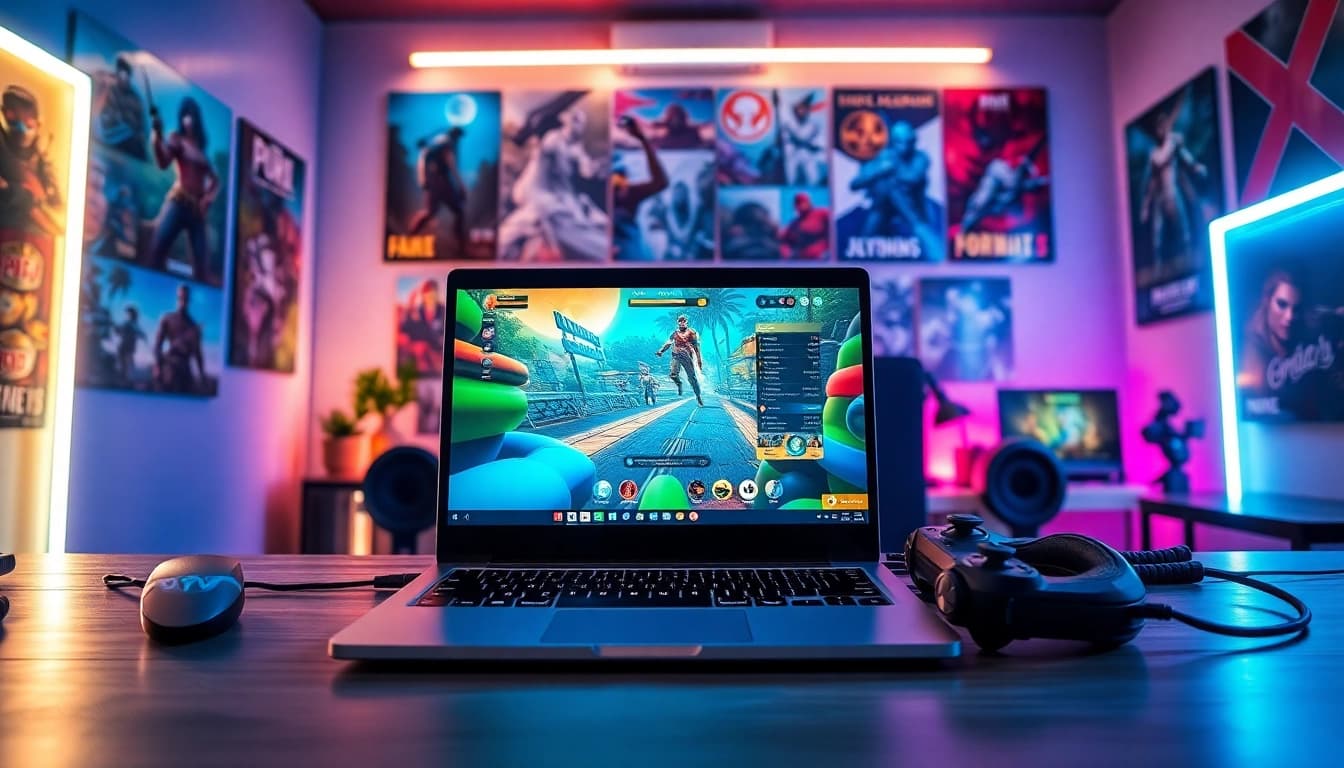 Masuk ke garasislot login dengan laptop dan aksesori gaming di ruang modern.
