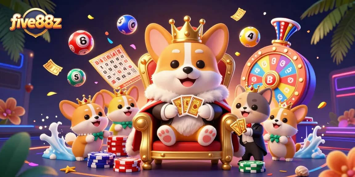 Experience excitement with five88z as a royal corgi enthrones amidst vibrant lottery game elements