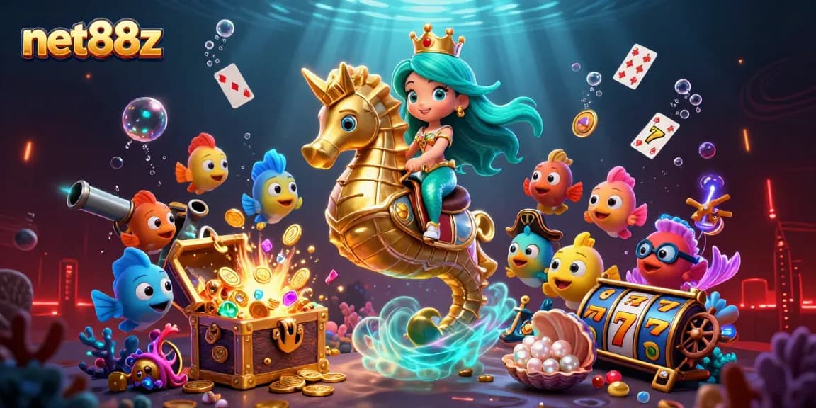 Experience exciting gameplay with net88z's vibrant casino-themed illustration featuring mermaids and treasures.