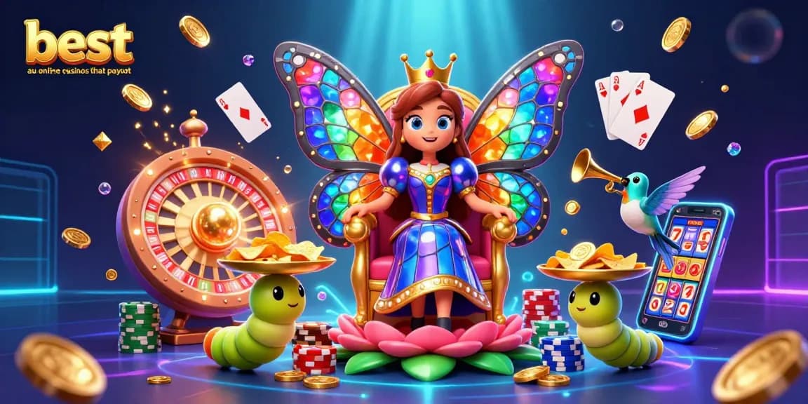 Engage in the best au online casinos that payout with vibrant 3D elements including a butterfly queen, casino features, and dazzling effects.