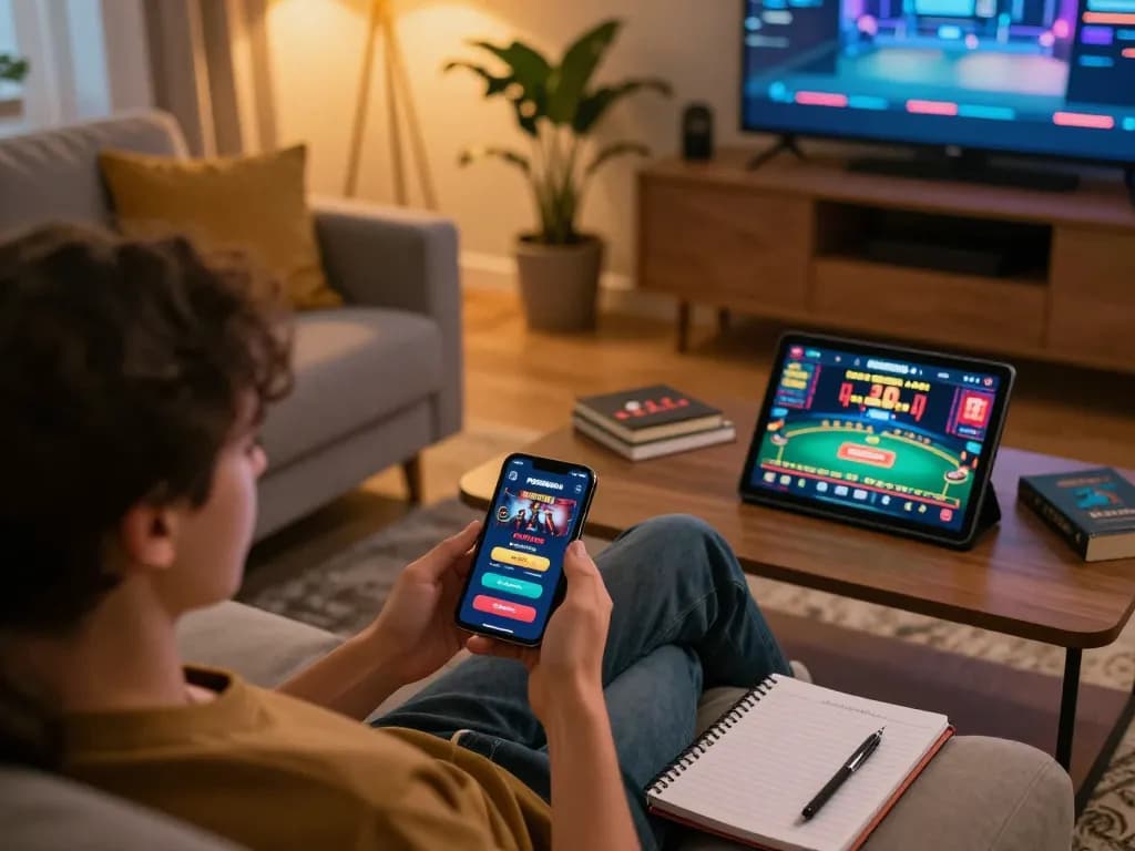 PHDREAM6268 player engaging in online gaming with smartphone, showcasing a cozy home setting and casino app