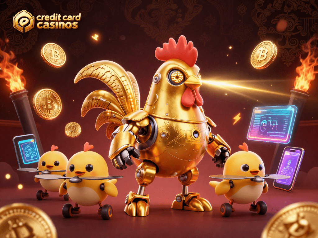 Engage with credit card casinos through an animated scene featuring vibrant 3D characters and crypto coins.
