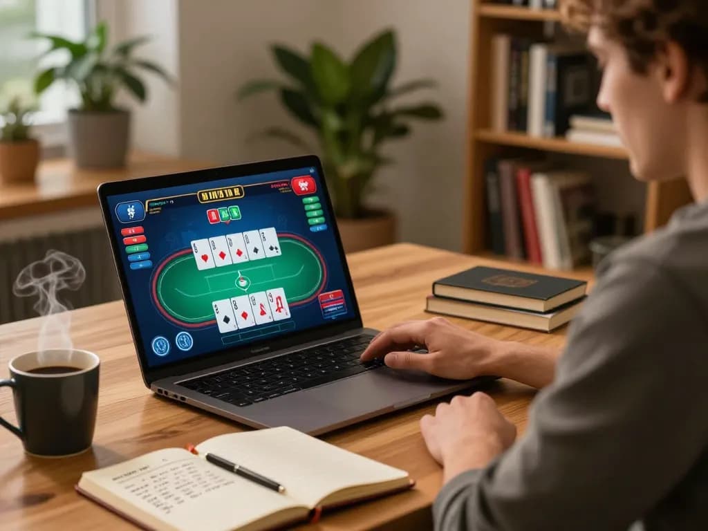 Experience strategic poker gameplay with m105 in a cozy online gaming setup featuring a laptop and notes.