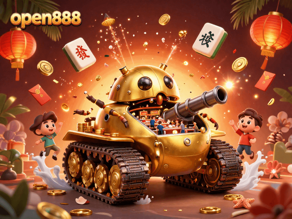 Experience the excitement of open888 with a vivid 3D casino scene filled with festive elements.