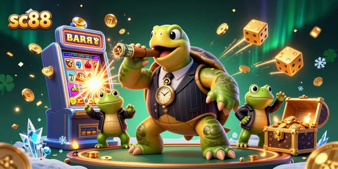 Engage in the thrilling action of sc88 with this vibrant casino scene depicting a turtle mobster and frog enforcers.