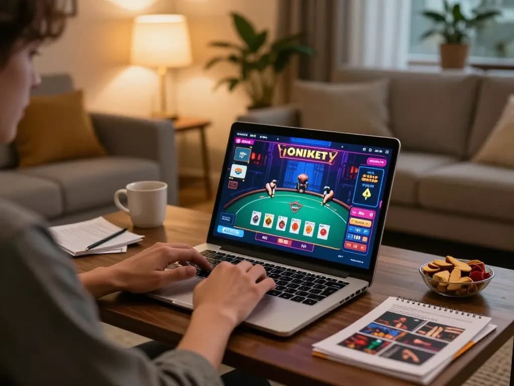 Kuwin online gaming scene showing a player engaged in poker with vibrant interface and cozy home environment.
