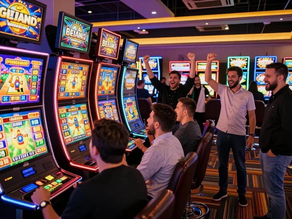 Players cheering wins at vibrant slot machines in a casino, revealing the excitement of red88 của nước nào.