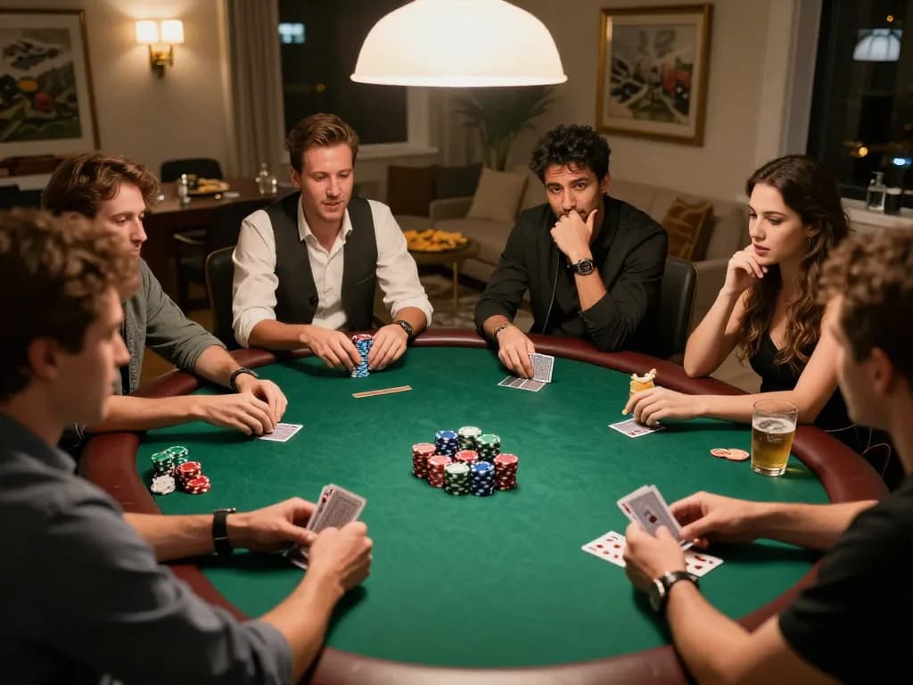 B52CLUB hosts a lively home poker night with friends engaged in strategic gameplay and friendly competition.