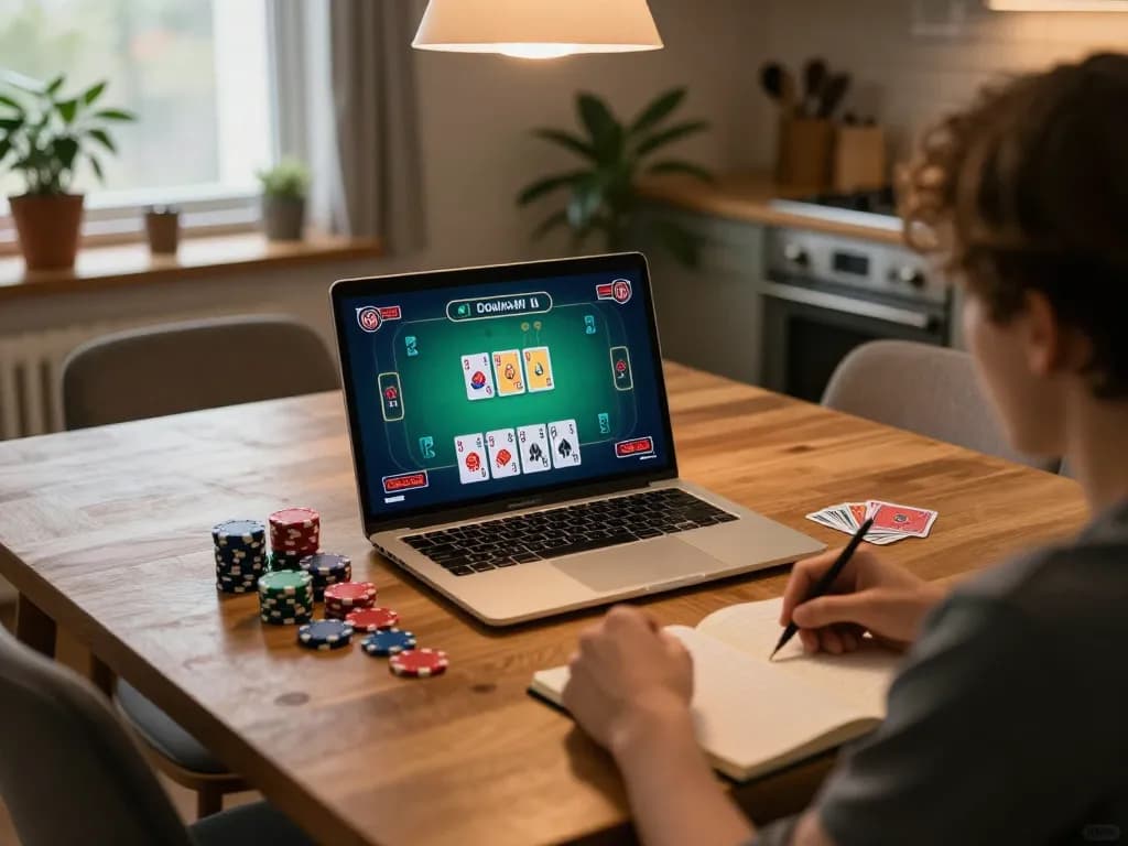 hi88 player strategizing during online blackjack session with laptop and chips