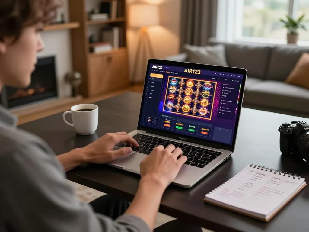 Rasakan permainan online yang dinamis dengan AIR123 di meja kerja yang bergaya, berinteraksi dengan fitur kasino modern.