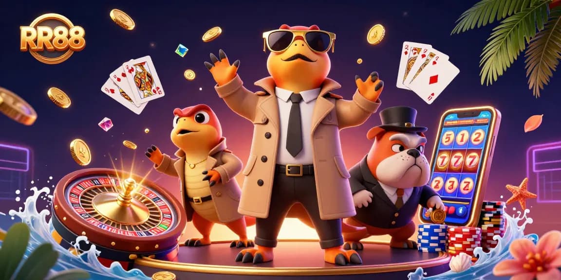 Experience the thrill of RR88 with animated raptors attempting casino entry amid dazzling gaming elements.