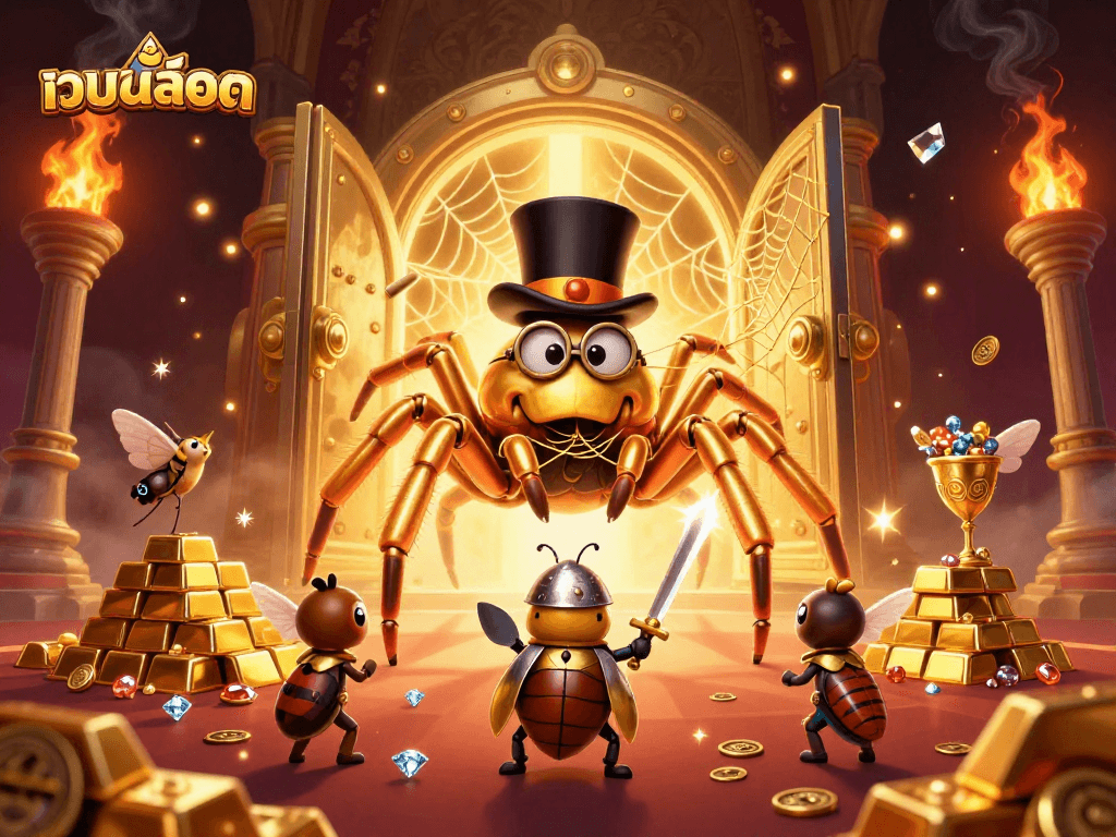 Experience thrilling เว็บสล็อต action with gold treasures and enticing game characters in a vibrant scene.