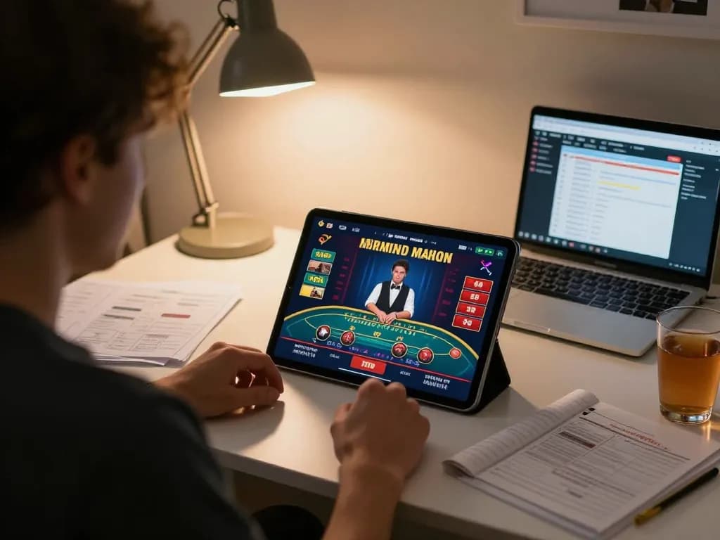 Engaging in Canada online casinos with a live game on tablet, surrounded by strategy notes.