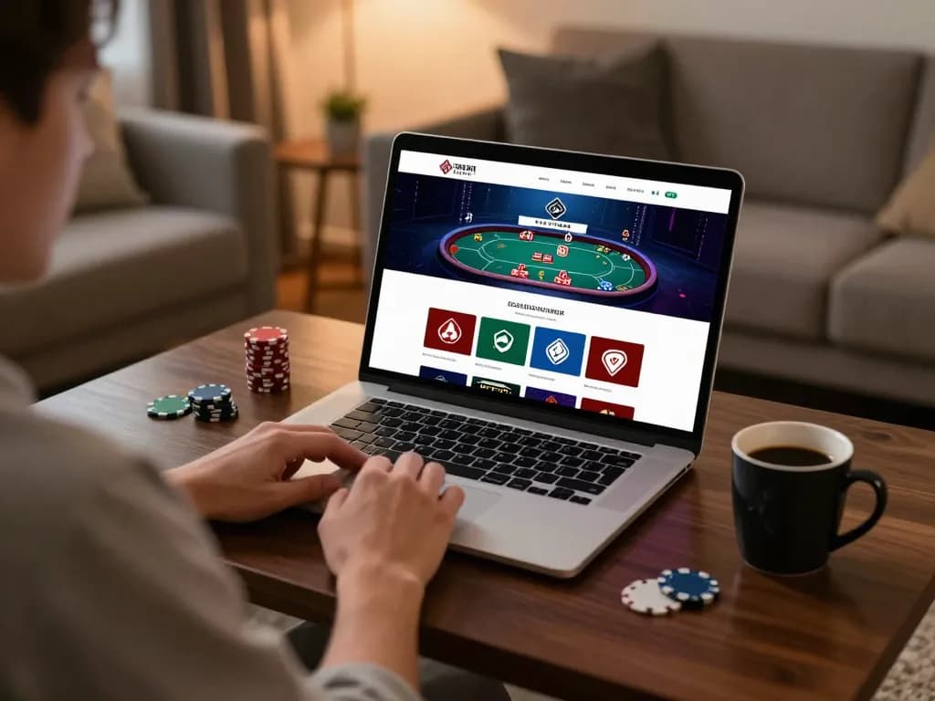 Player enjoying SC88 poker gameplay on laptop in a cozy living room setup.