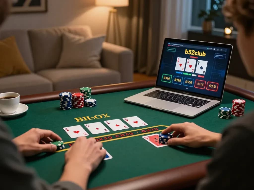B52club player engaging in an online blackjack game at home with interactive features and cozy atmosphere.
