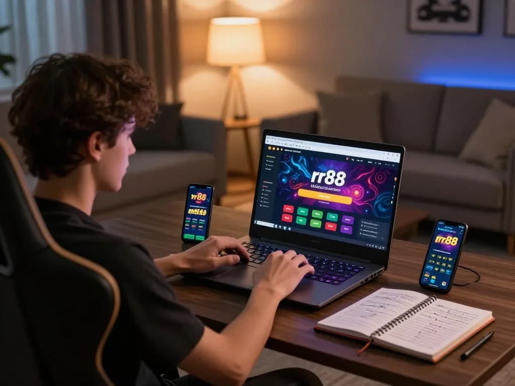 Player using rr88 casino app on laptop and smartphone in a cozy living room setting