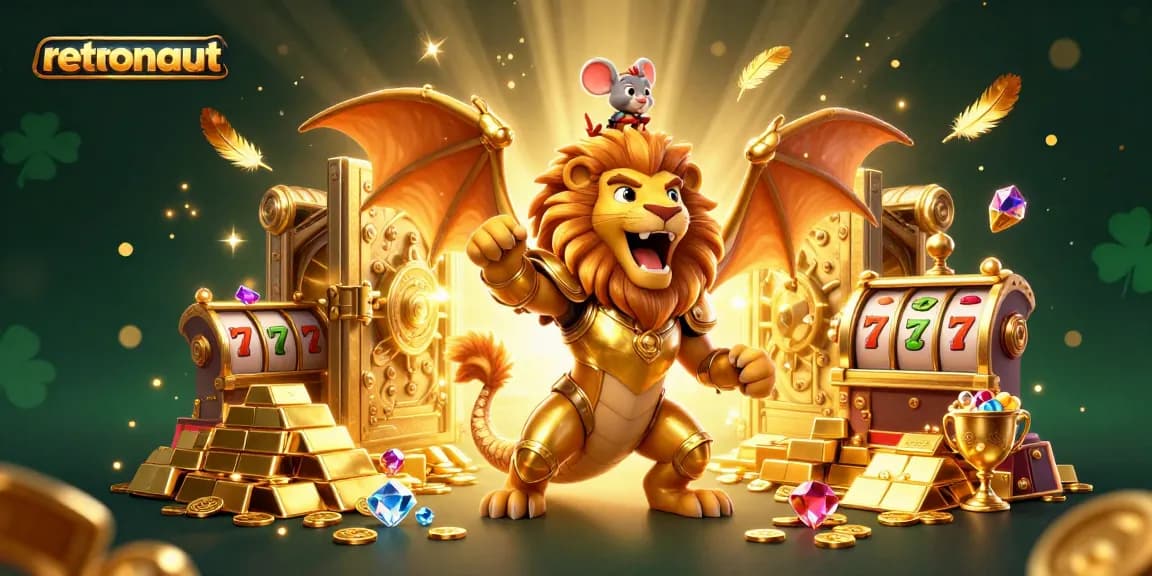 Experience thrilling gameplay with retronaut's dynamic casino elements and an epic chimera creature illustration.