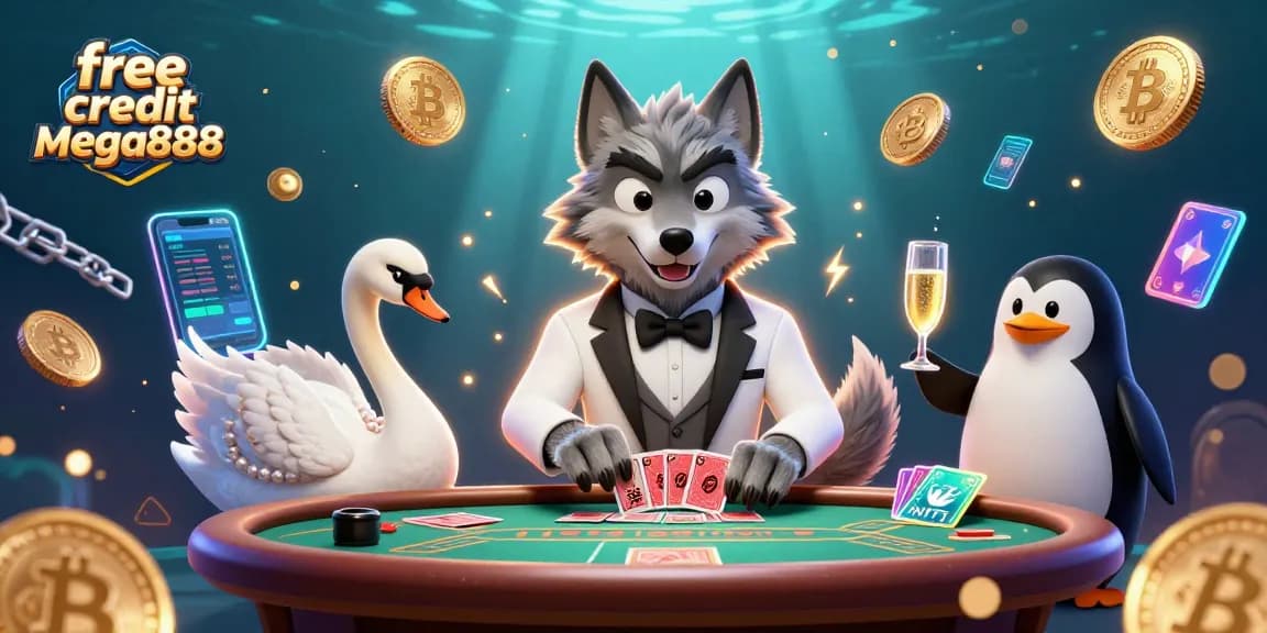 Claim free credit mega888 with lavish casino characters enjoying baccarat while showcasing digital currencies