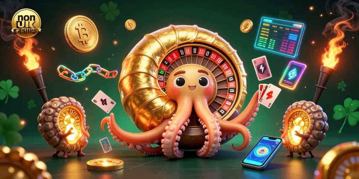 Engage with non uk casinos through a vibrant 3D scene featuring a giant nautilus roulette wheel.